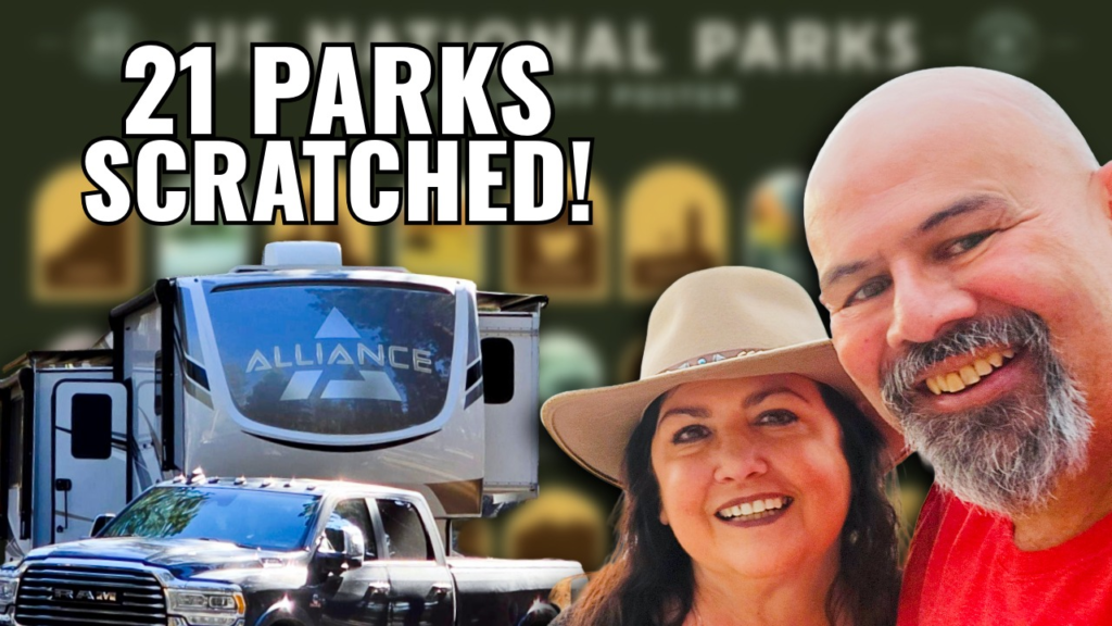 National Parks scratch off poster hanging in an RV as a travel memory display