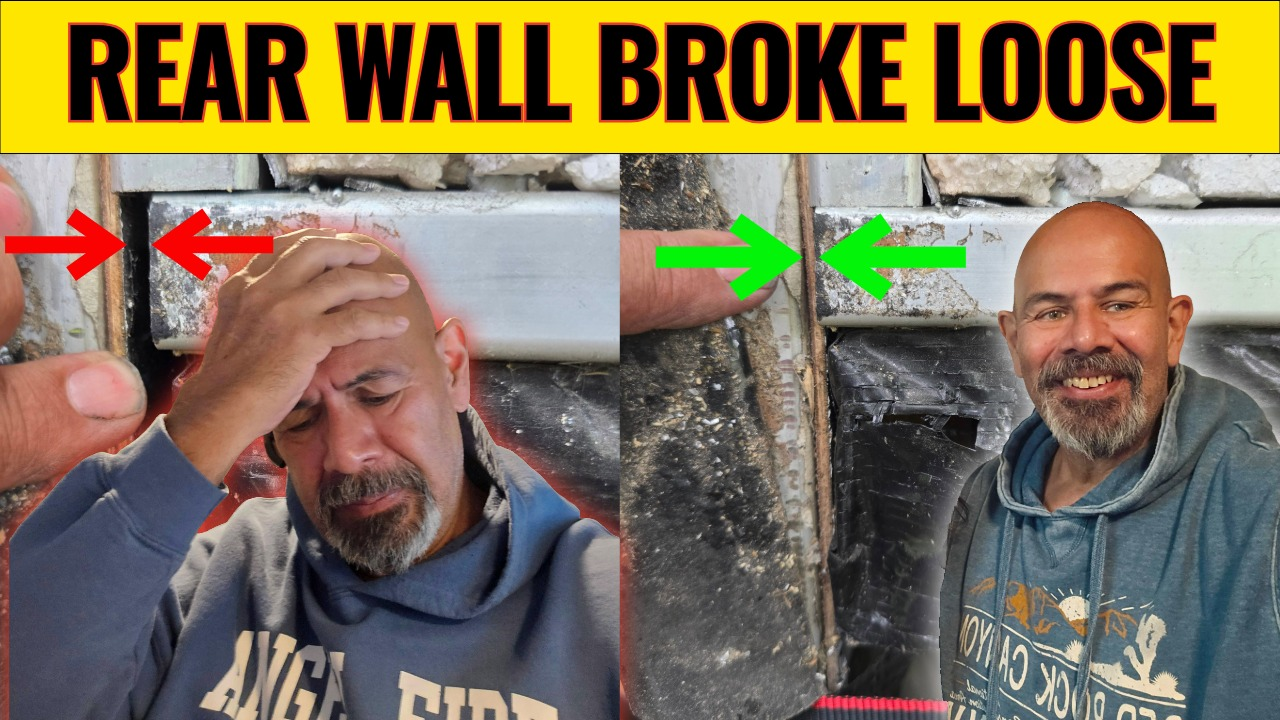 Alliance Paradigm 310RL rear wall repair showing wall separation behind the rear sofa