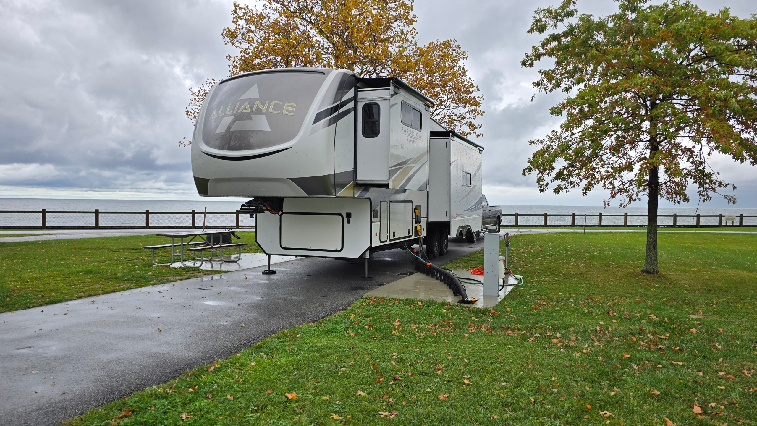 Geneva State Park camping on Lake Erie during rainy weather and stormy skies