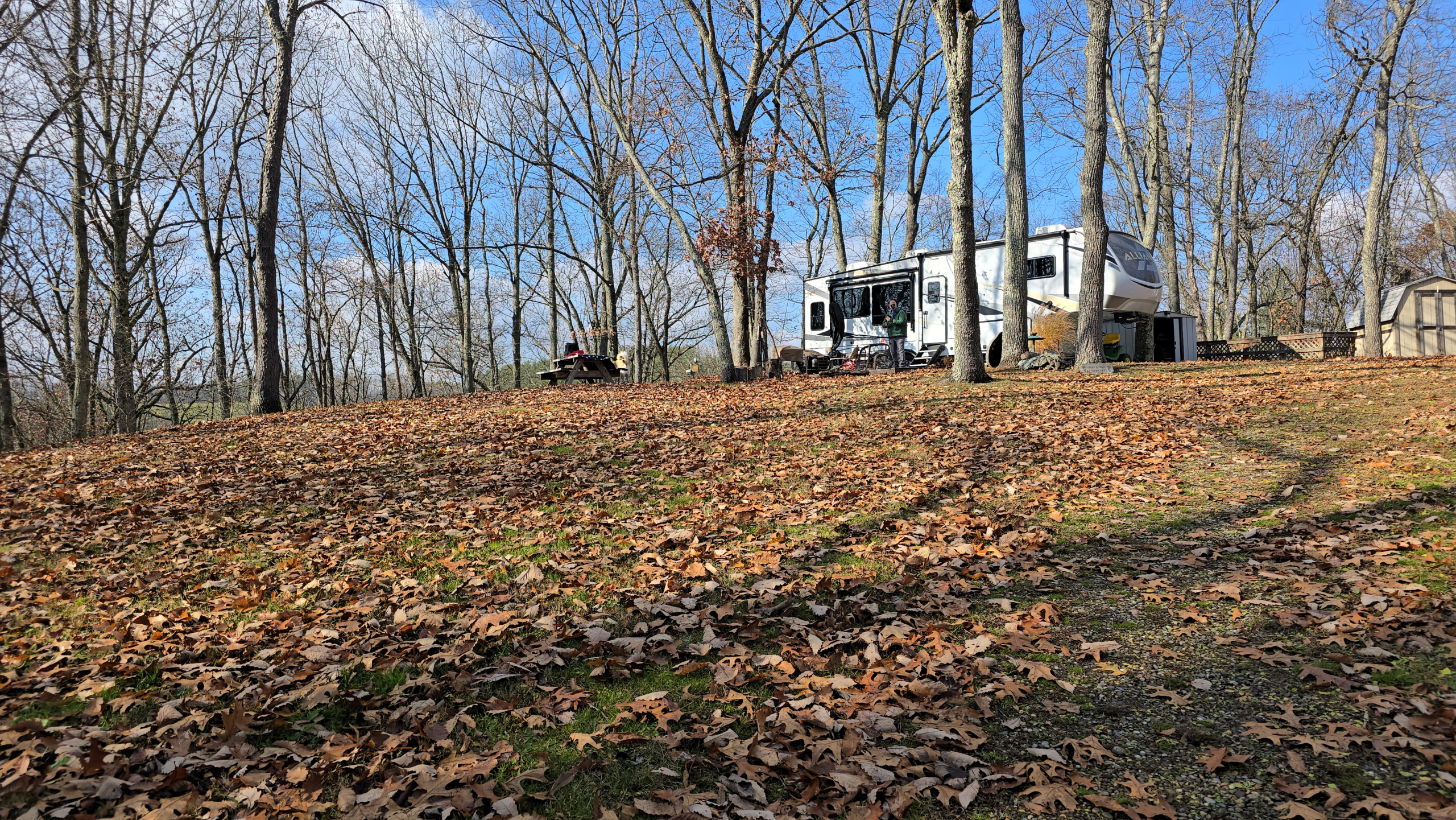 RV winter storage check at a seasonal campsite with a fifth wheel in cold weather